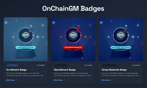 OnchainGM: минтим бейджи в Arc, GIWA и Tempo