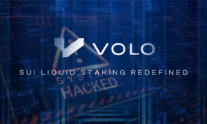 VOLO logo with the slogan 'SUI LIQUID STAKING REDEFINED' displayed on a blue tech background.
