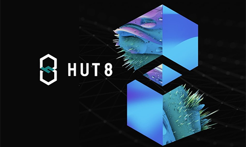 Brand logo for Hut 8 featuring interconnected blue geometric cubes with teal textures on a black background.