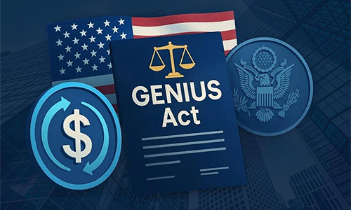 Illustration of the GENIUS Act document with a scales icon, dollar sign icon, US flag, and federal seal on a blue background.