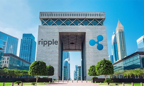 Ripple office building with a large arch gateway and Ripple logo, set against a blue sky and city skyline.