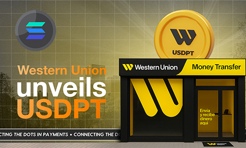 Western Union advert: 'unveils USDPT' with a yellow money-transfer kiosk and a large gold coin in the background.