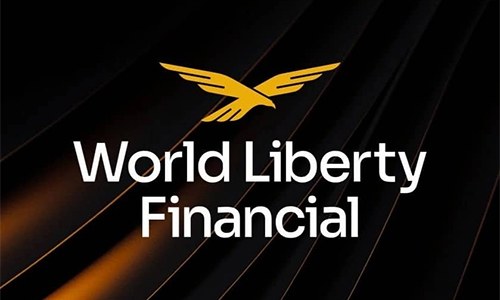 World Liberty Financial logo: gold stylized bird above the white text on a dark striped background.