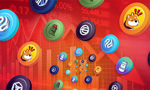 Abstract illustration of colorful crypto coins floating over a red chart with rising graph lines