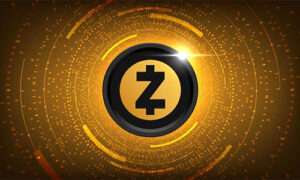 Gold coin featuring a black Zcash logo, surrounded by glowing circular digital rings.