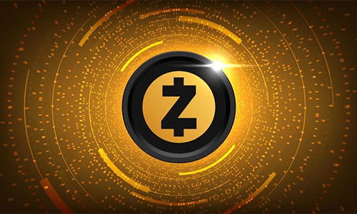 Gold coin featuring a black Zcash logo, surrounded by glowing circular digital rings.