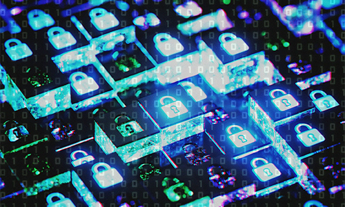 Glowing padlocks floating over a neon digital grid, symbolizing cybersecurity and data protection.