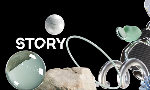 Bold white 'STORY' text on a black background surrounded by abstract glass spheres, rock, and metallic rings (graphic collage).