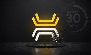 Abstract yellow and white logo rising from a circular pedestal on a dark stage, with a faint countdown showing 30 days remaining.