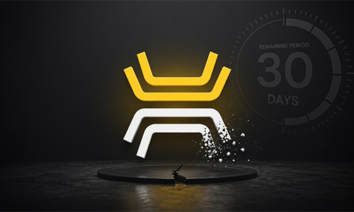 Abstract yellow and white logo rising from a circular pedestal on a dark stage, with a faint countdown showing 30 days remaining.