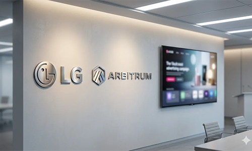 LG and Arbitrum logos mounted on a light wall in a modern office lobby, with a large wall-mounted screen displaying content nearby.
