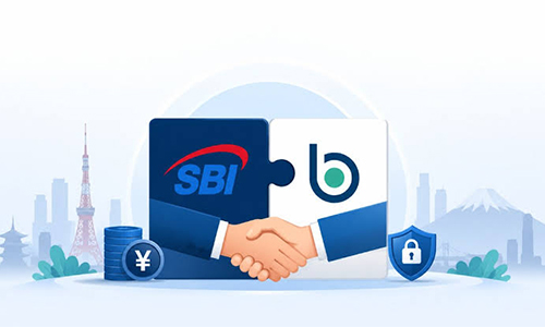 Handshake between two puzzle pieces labeled SBI and a 'b' logo, symbolizing a banking partnership, with a shield and coin stack in a cityscape backdrop.