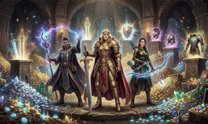 Three armored heroes stand in a treasure-filled hall, wielding swords and magical auras.