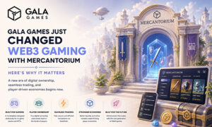 Banner for Gala Games Mercantorium featuring a cathedral-like gateway with a glowing portal and devices displaying the platform UI, plus the headline “GALA GAMES JUST CHANGED WEB3 GAMING WITH MERCANTORIUM.”