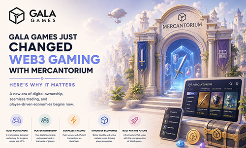 Banner for Gala Games Mercantorium featuring a cathedral-like gateway with a glowing portal and devices displaying the platform UI, plus the headline “GALA GAMES JUST CHANGED WEB3 GAMING WITH MERCANTORIUM.”