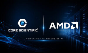 Core Scientific and AMD logos appear on a blue, futuristic tech banner with the slogan 'Powering the Future of AI'.