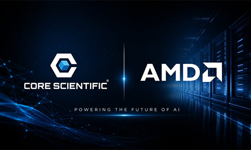 Core Scientific and AMD logos appear on a blue, futuristic tech banner with the slogan 'Powering the Future of AI'.