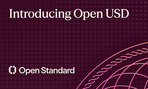 Banner announcing Open USD: 'Introducing Open USD' with Open Standard branding on a deep purple background featuring circular grid and pink arc design.