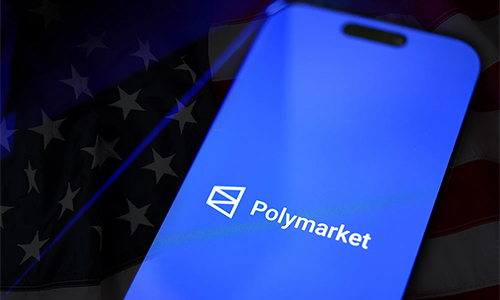 Smartphone screen showing the Polymarket app logo on a blue gradient background with a faint U.S. flag backdrop.