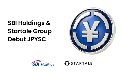 Graphic announcing the SBI Holdings and Startale Group debut of JPYSC, featuring the SBI Holdings and Startale logos and a blue Yen coin icon.