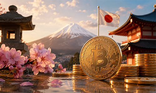 Bitcoin coin foreground with cherry blossoms, traditional temple and a Japanese flag, Mount Fuji in the background, coins stacked nearby.