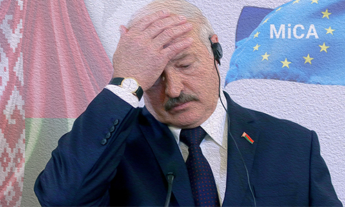 Man in a dark suit with a headset, hand on his forehead, at a press setting with a MiCA banner in the background