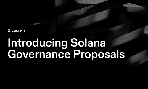 Solana logo and the title 'Introducing Solana Governance Proposals' on a dark abstract background.