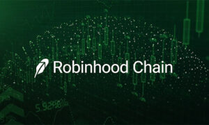Robinhood Chain logo over a green finance-themed background with abstract data dots and charts