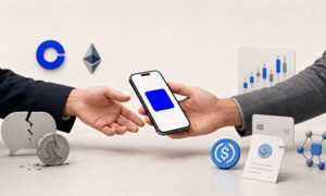 Two people exchange a smartphone between hands, with crypto and financial icons in the background.