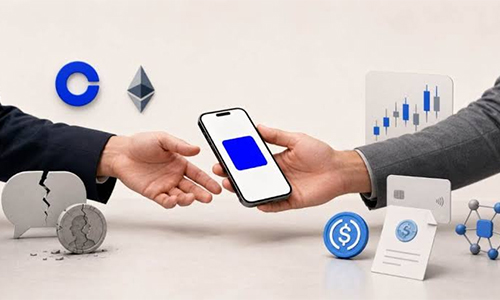 Two people exchange a smartphone between hands, with crypto and financial icons in the background.