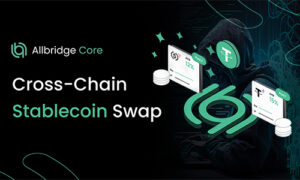 Allbridge Core banner for Cross-Chain Stablecoin Swap, featuring neon green crypto icons and a dark tech background.