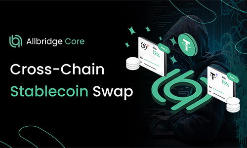 Allbridge Core banner for Cross-Chain Stablecoin Swap, featuring neon green crypto icons and a dark tech background.