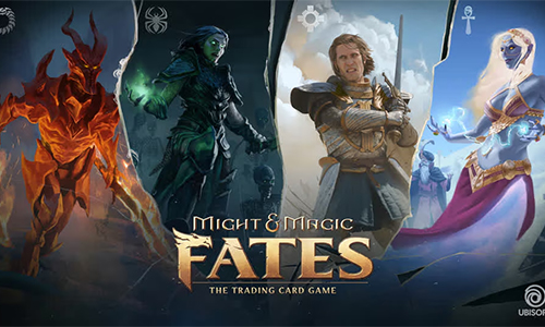 Cover art for Might & Magic: Fates — The Trading Card Game, featuring four fantasy characters at the center of glowing light.