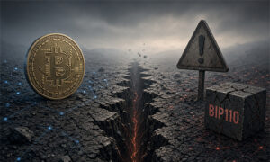 Bitcoin coin beside a cracked, fissuring ground with a warning triangle and BIP110 block, signaling risk or caution in blockchain tech