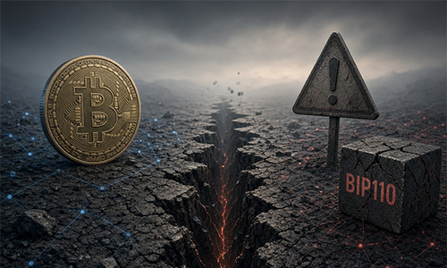 Bitcoin coin beside a cracked, fissuring ground with a warning triangle and BIP110 block, signaling risk or caution in blockchain tech