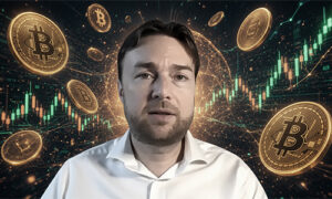 Man in a white shirt presenting about cryptocurrency, with Bitcoin coins and glowing data charts in the background.