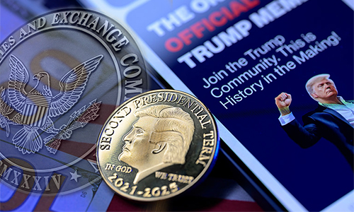 Close-up of metallic coins with official seals beside a political campaign flyer showing a man in a suit.