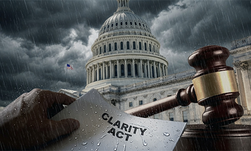 Stormy scene at the U.S. Capitol with a judge's gavel and a document labeled 'CLARITY ACT' in rain.