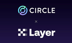 Circle and Layer logos with a small '×' between, set on a dark gradient background, indicating a collaboration or partnership between the two brands