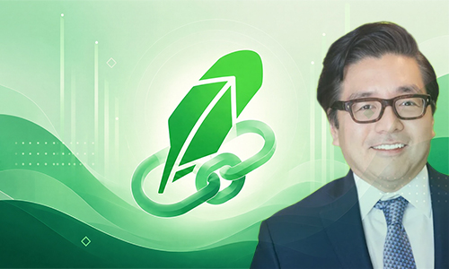 Smiling man in glasses and suit beside a green, abstract logo on a green gradient background.