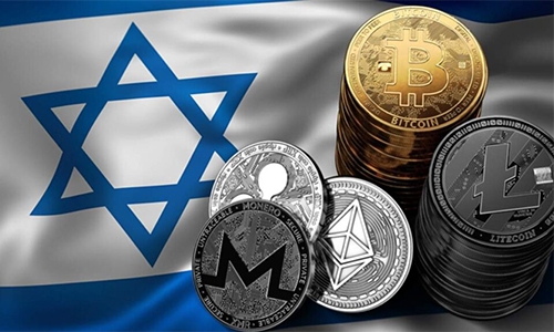 Israeli flag with stacks of cryptocurrency coins (Bitcoin, Litecoin, Ethereum, Monero) in foreground.0?