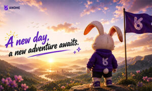 Sunrise over mountains with a purple bunny mascot in a hoodie near a purple ANOME flag; slogan reads 'A new day, a new adventure awaits'.