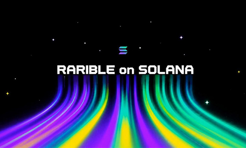 Banner reading 'RARIBLE on SOLANA' with multicolored neon trails against a black space background.