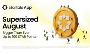 Startale App promotional banner with a giant gold star coin and climbers, announcing 'Supersized August' and 'Up to 100 STAR Points'.